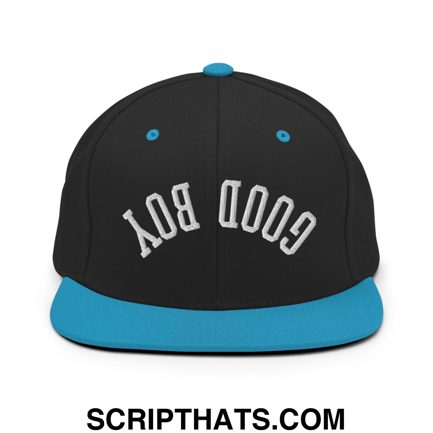 Black snapback cap with teal flat bill and button featuring upside down good boy embroidered in white lettering
