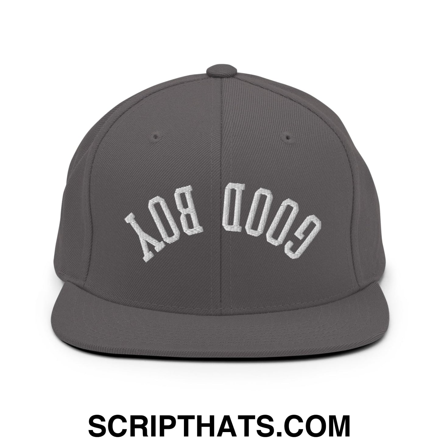 Gray snapback hat with white embroidered good boy lettering and flat bill brim for casual wear
