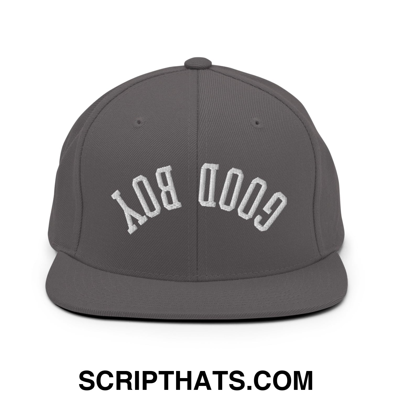 Gray snapback hat with white embroidered good boy lettering and flat bill brim for casual wear