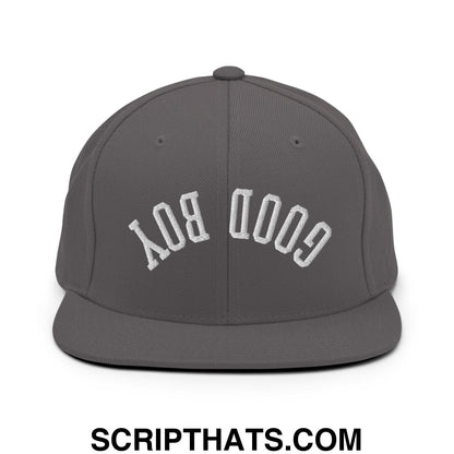 Gray snapback hat with white embroidered good boy lettering and flat bill brim for casual wear