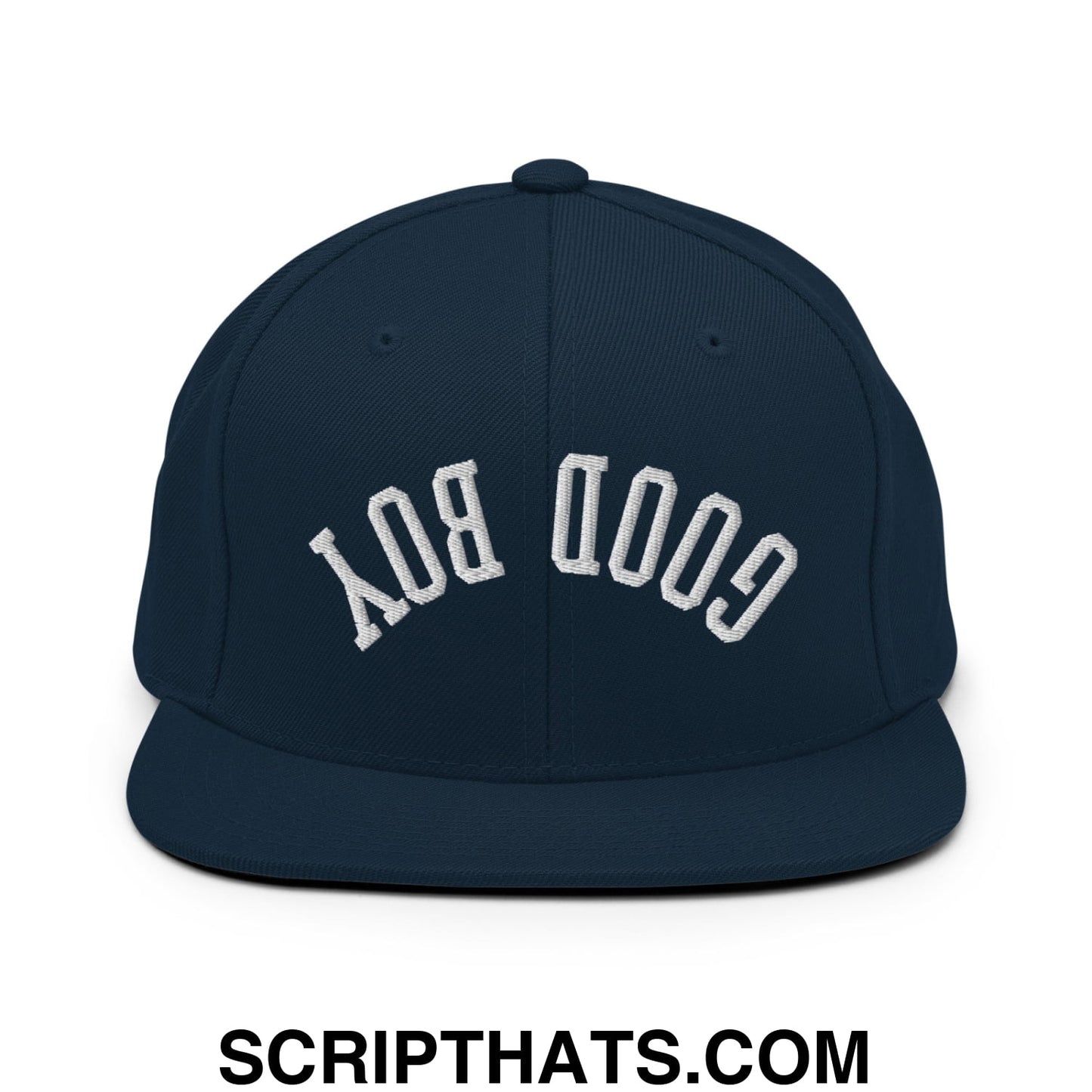 Navy blue snapback hat with white embroidered good boy lettering in classic arched design flat bill brim