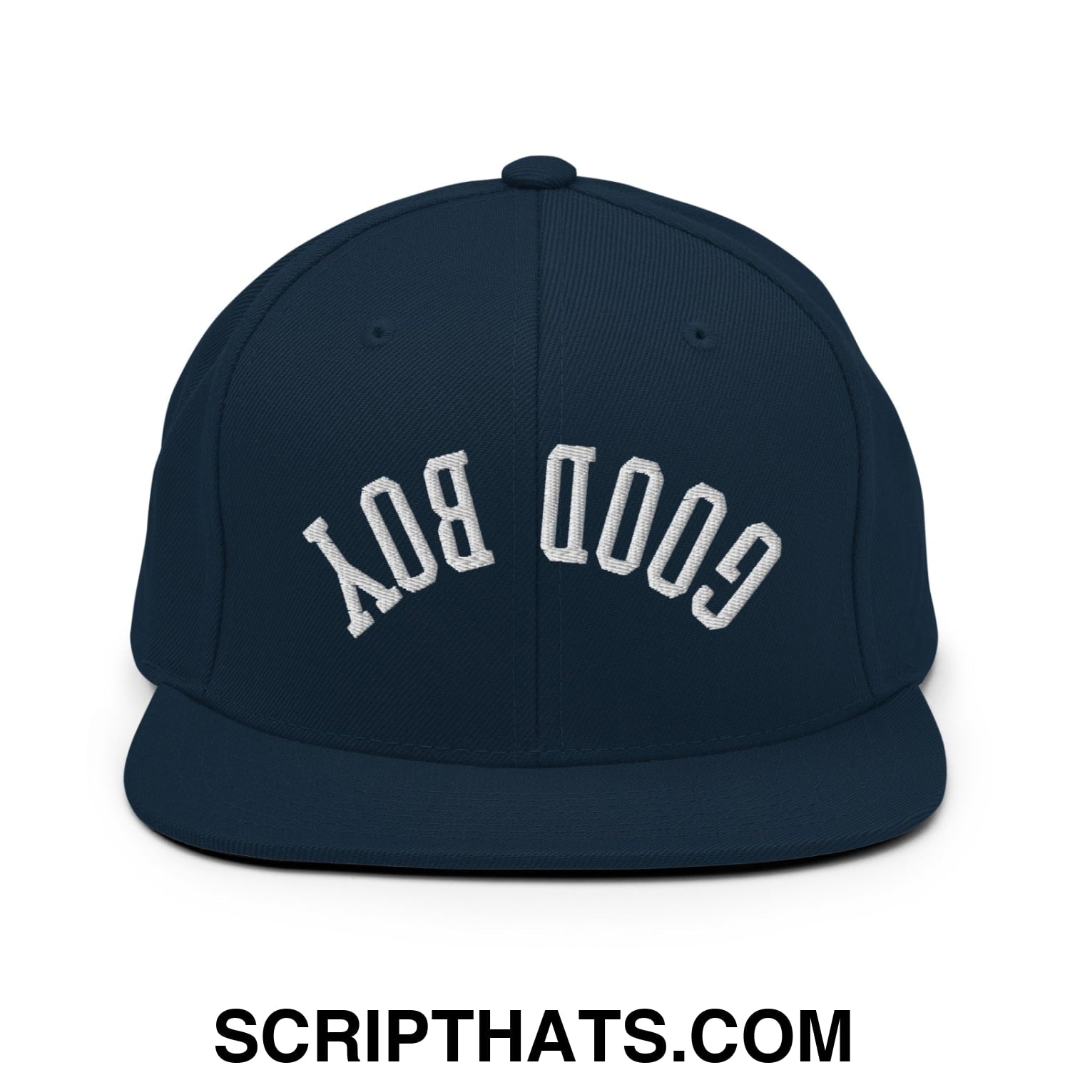 Navy blue snapback hat with white embroidered good boy lettering in classic arched design flat bill brim