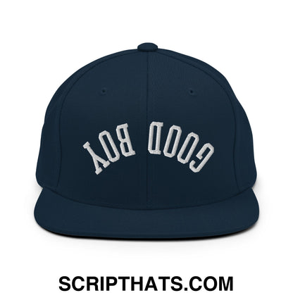 Navy blue snapback hat with white embroidered good boy lettering in classic arched design flat bill brim