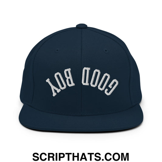 Upside Down Good Boy Embroidered Flat Bill Brim Snapback Hat Dark Navy