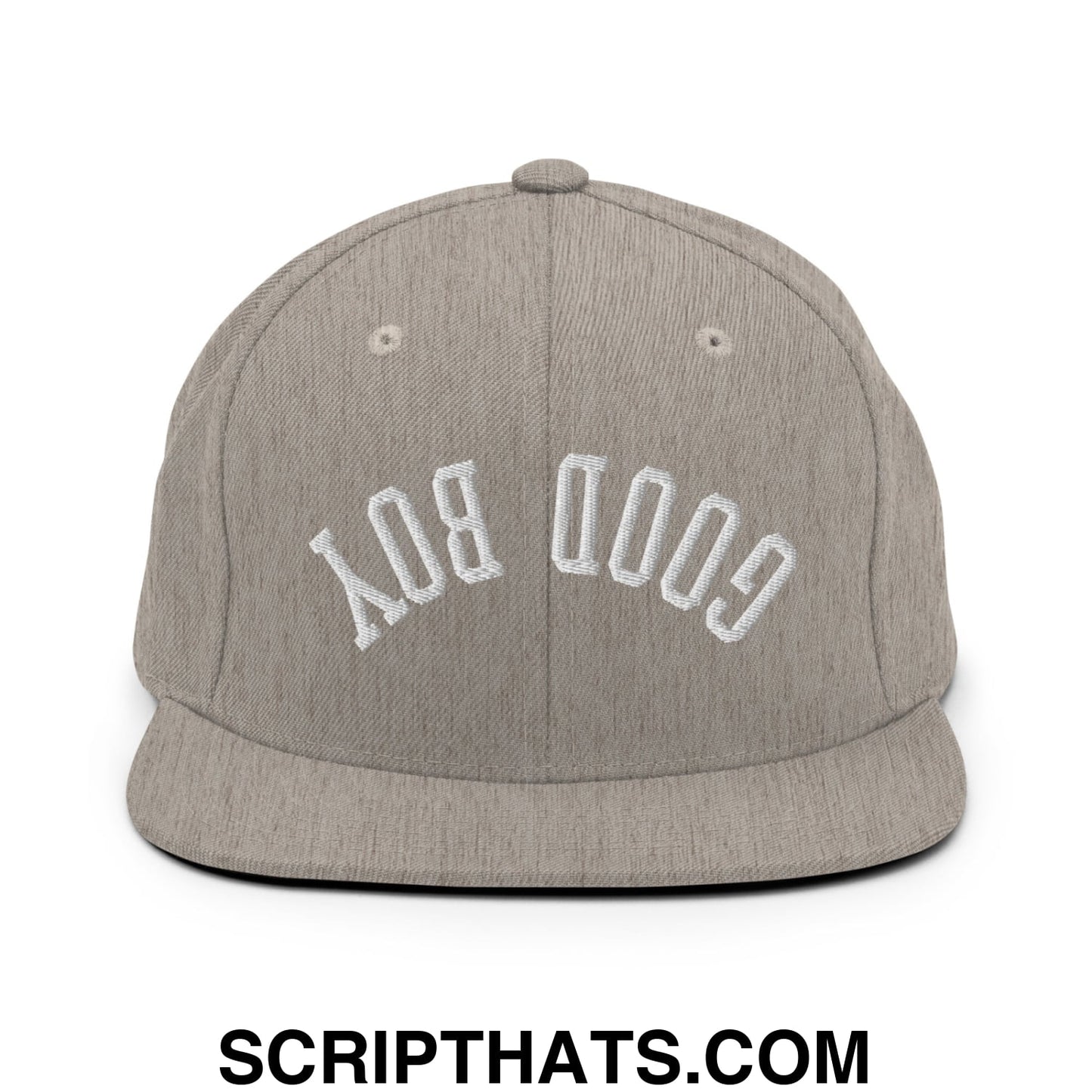 Gray cotton snapback hat with white embroidered good boy upside down arch design and flat bill brim