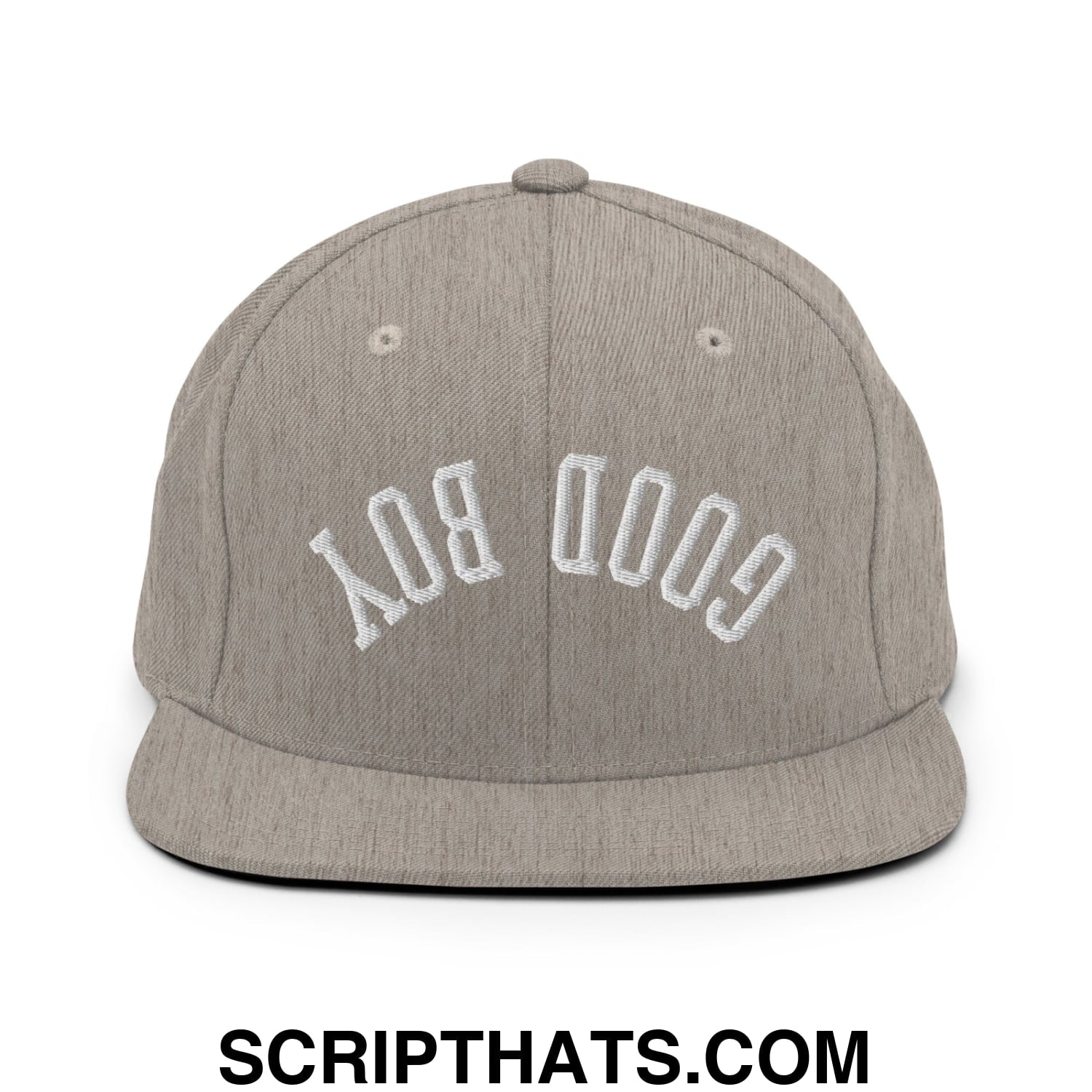 Gray cotton snapback hat with white embroidered good boy upside down arch design and flat bill brim