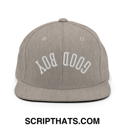 Gray cotton snapback hat with white embroidered good boy upside down arch design and flat bill brim