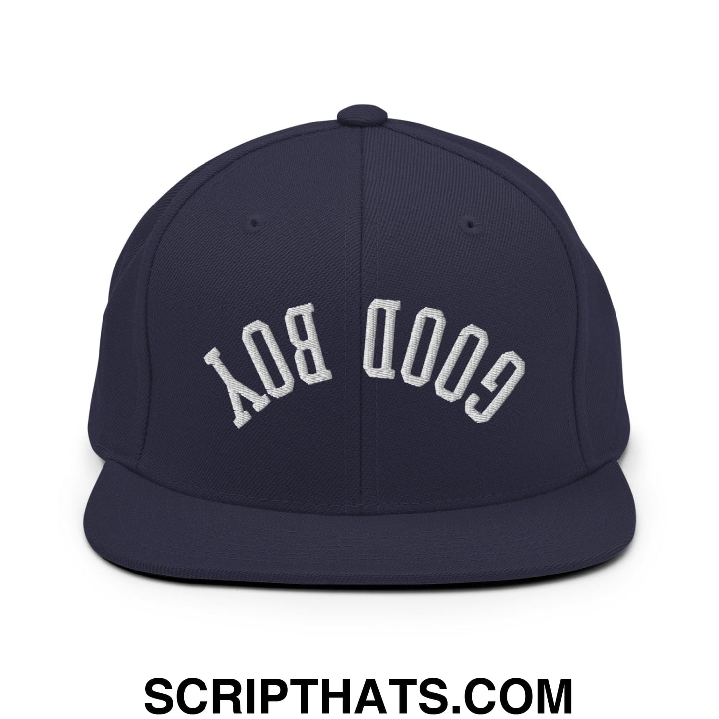 Navy blue snapback hat with white embroidered good boy lettering in classic arched design and flat bill brim