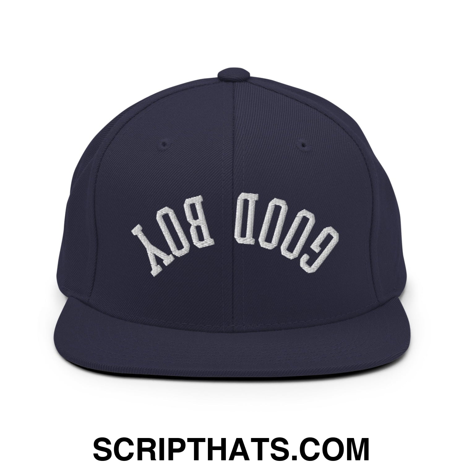 Navy blue snapback hat with white embroidered good boy lettering in classic arched design and flat bill brim
