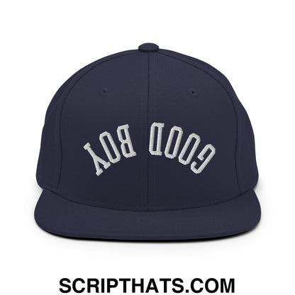 Navy blue snapback hat with white embroidered good boy lettering in classic arched design and flat bill brim