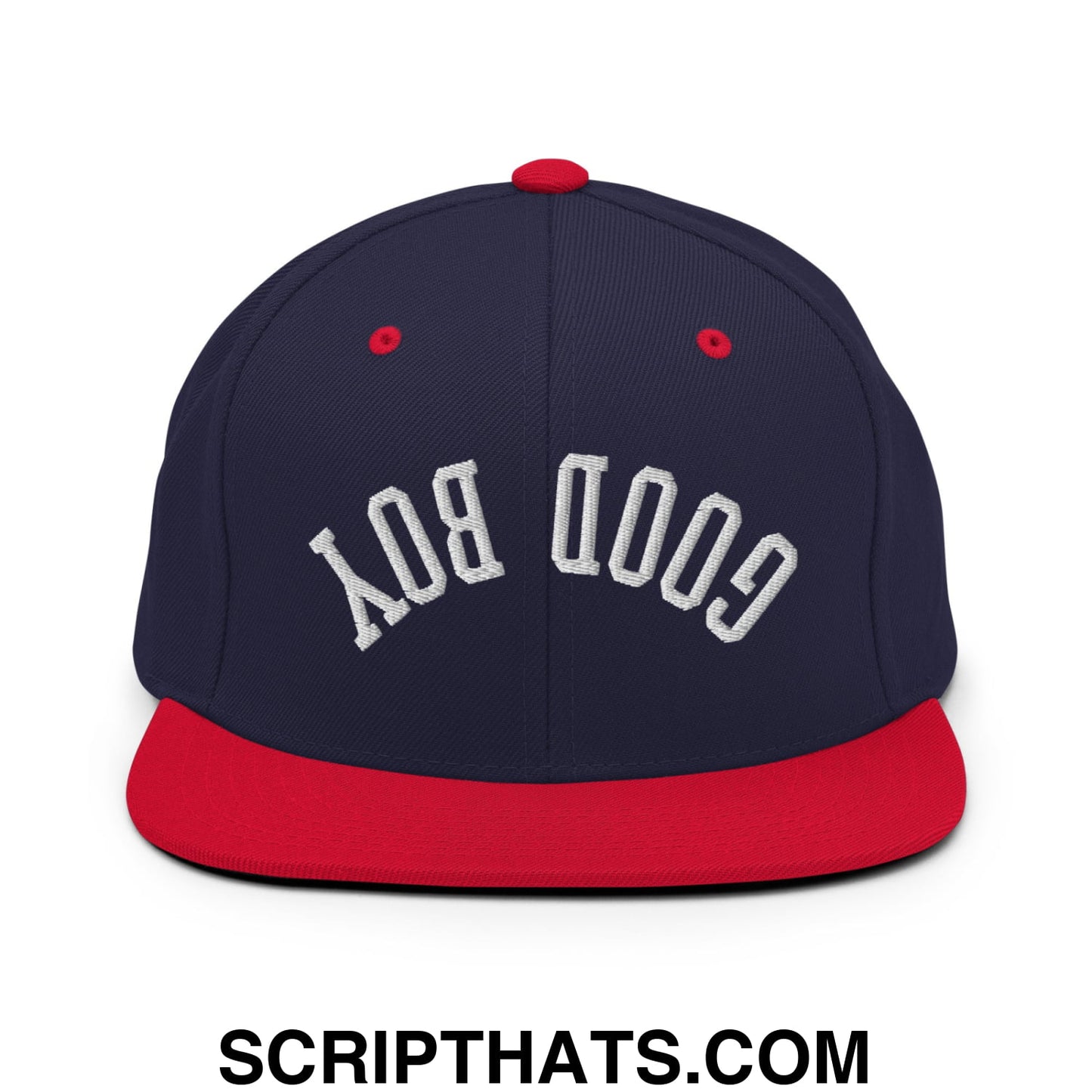 Navy blue and red snapback hat with white embroidered good boy lettering and flat bill brim