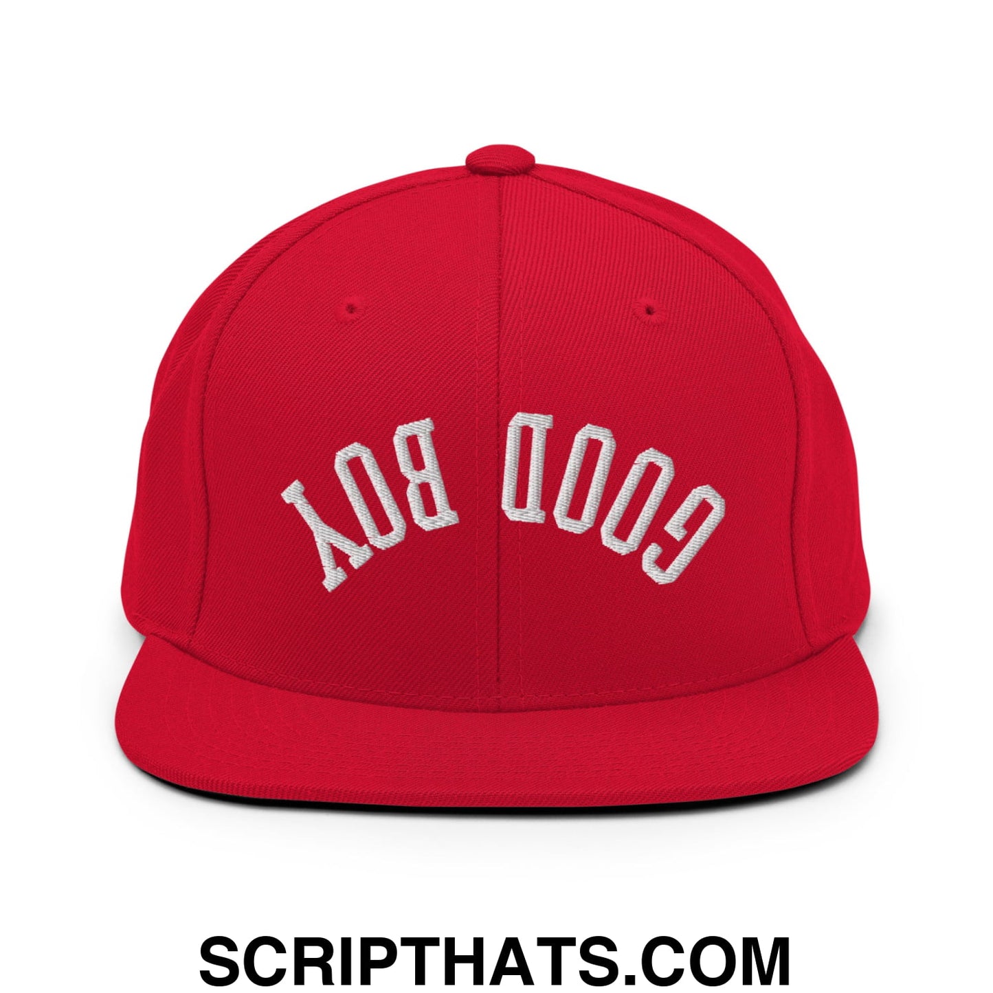 Red snapback cap with white embroidered good boy lettering in an arched design and flat bill brim