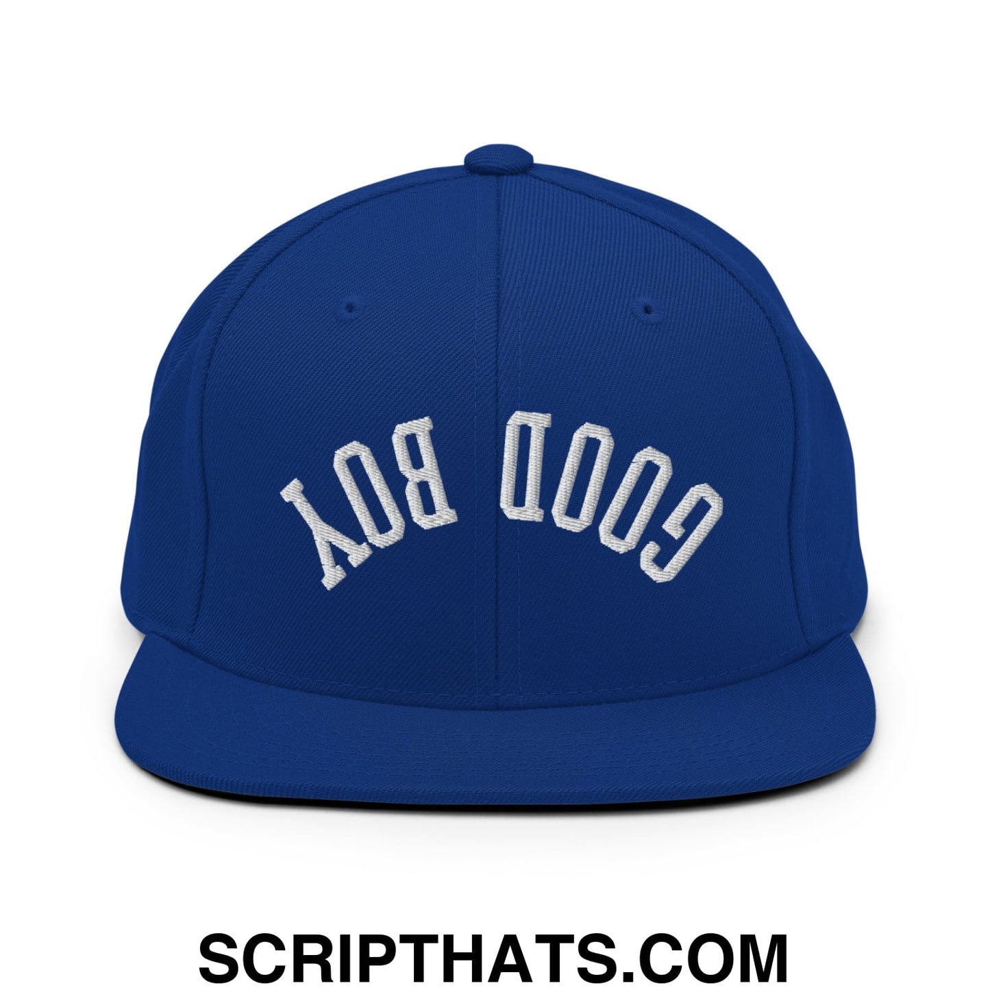 Royal blue snapback hat with white embroidered good boy lettering in a classic arched design and flat bill brim