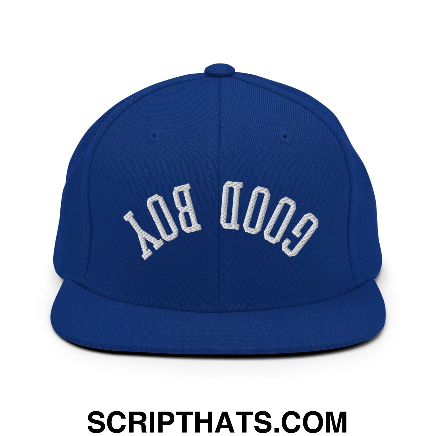 Royal blue snapback hat with white embroidered good boy lettering in a classic arched design and flat bill brim