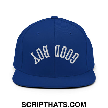 Royal blue snapback hat with white embroidered good boy lettering in a classic arched design and flat bill brim
