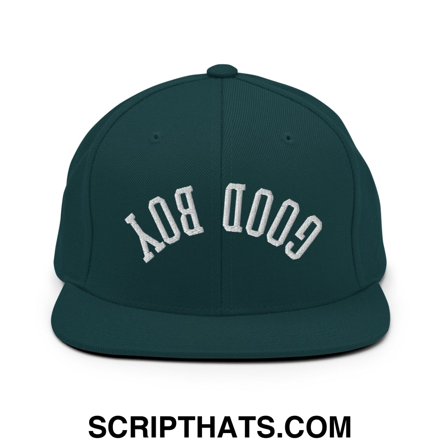 Dark green snapback cap with white embroidered good boy lettering in a classic arched design and flat bill brim