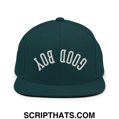 Dark green snapback cap with white embroidered good boy lettering in a classic arched design and flat bill brim