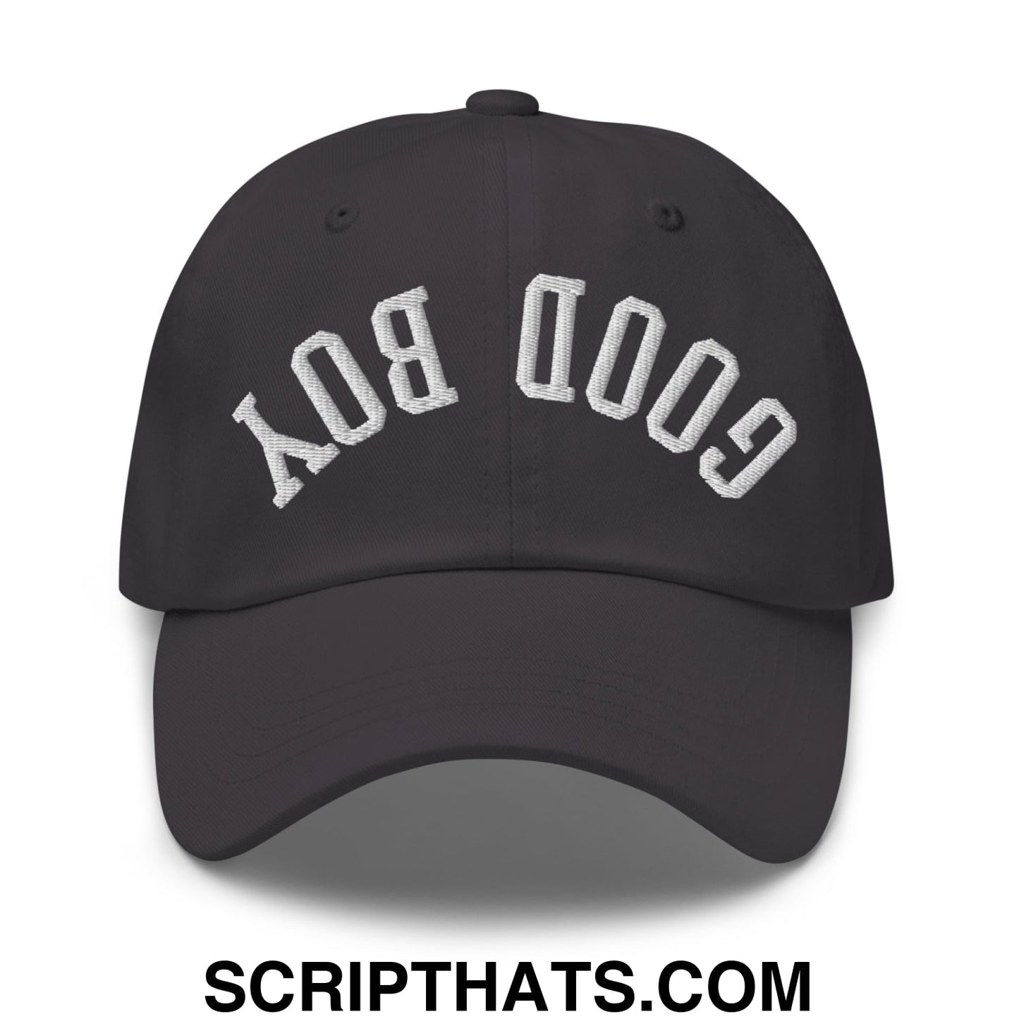 Black unstructured dad hat with white embroidered good boy lettering in a classic arched design