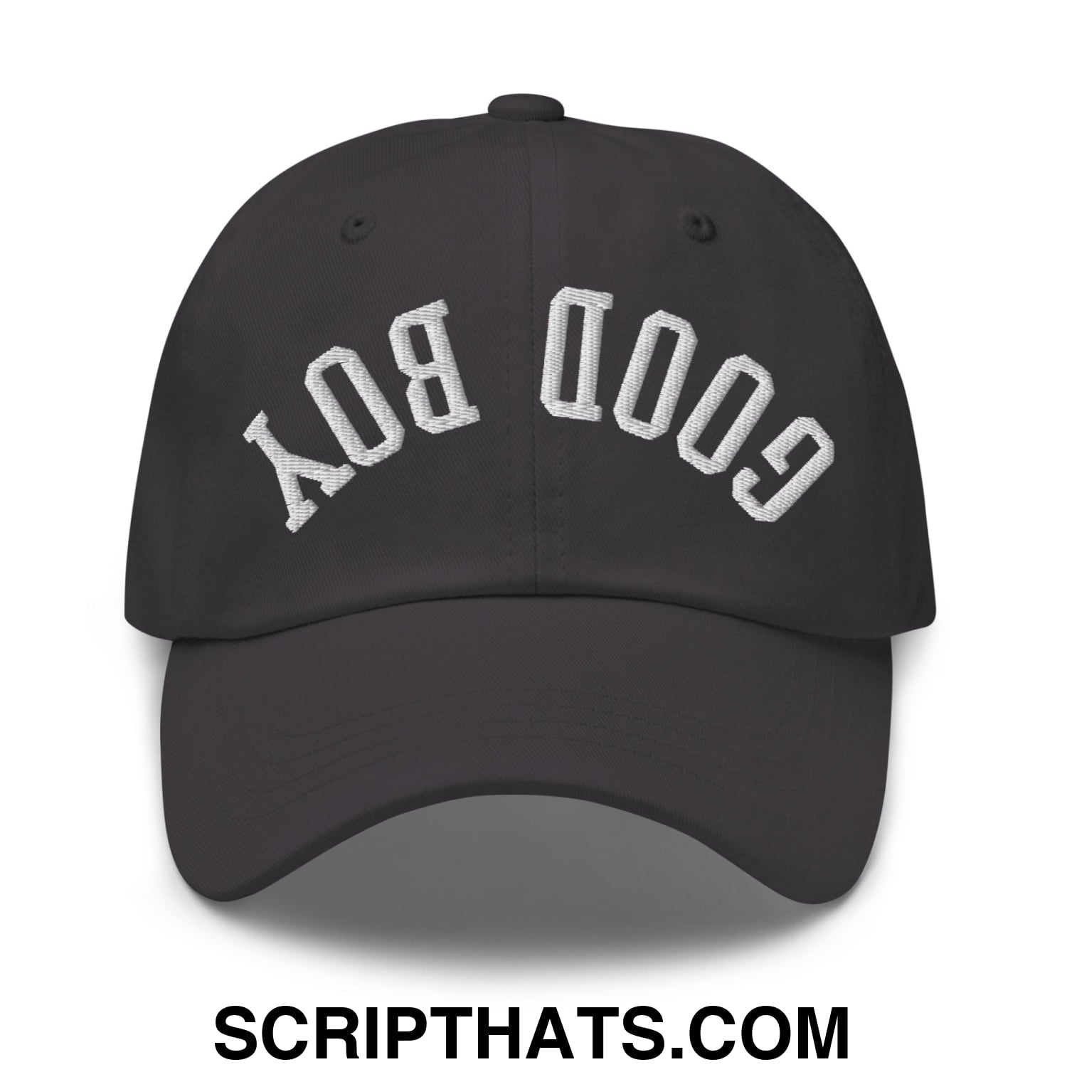 Black unstructured dad hat with white embroidered good boy lettering in a classic arched design