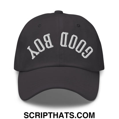 Black unstructured dad hat with white embroidered good boy lettering in a classic arched design