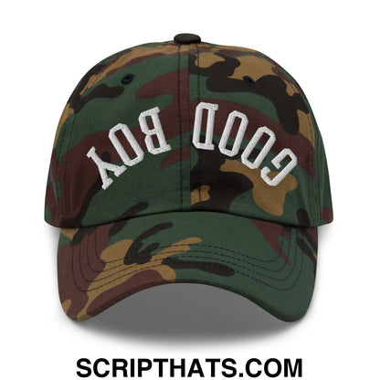 A camouflage unstructured dad hat with good boy embroidered in white on the front titled upside down good boy hat