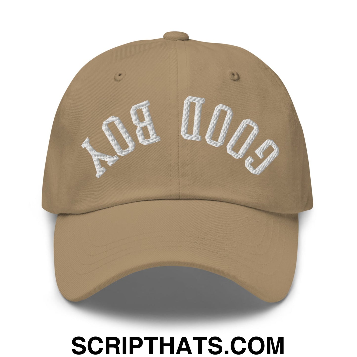 Tan upside down good boy embroidered unstructured dad hat with white arch embroidery on front