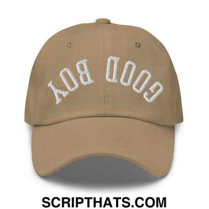 Tan upside down good boy embroidered unstructured dad hat with white arch embroidery on front
