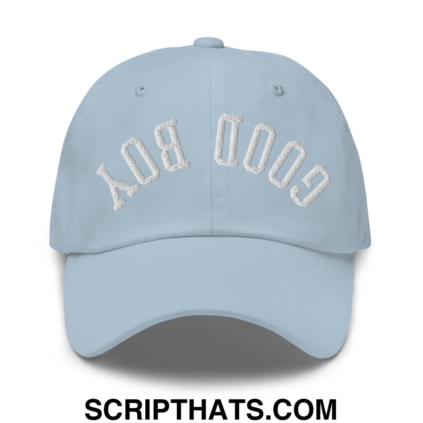 Light blue unstructured dad hat with white embroidered good boy arch design on front panel