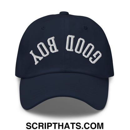 Navy blue unstructured dad hat with white embroidered good boy arch design perfect for casual wear