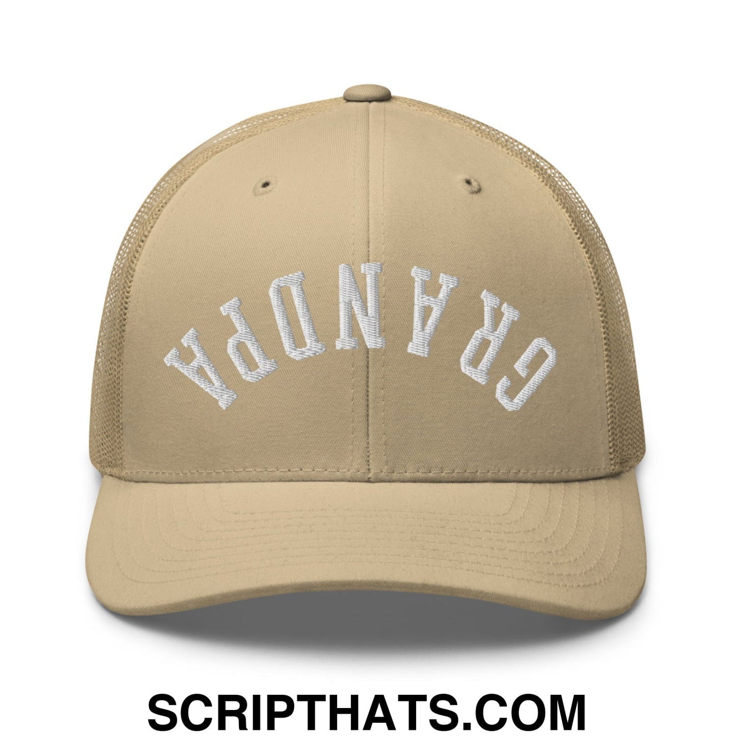 Upside Down Grandpa Embroidered Mesh Trucker Hat Khaki
