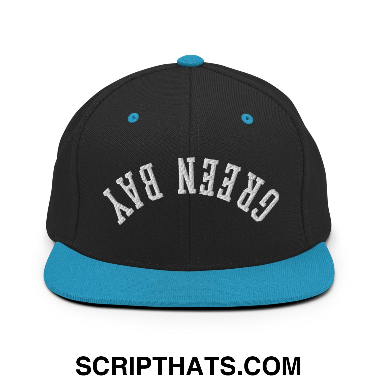 Upside Down Green Bay Embroidered Flat Bill Brim Snapback Hat Black Teal