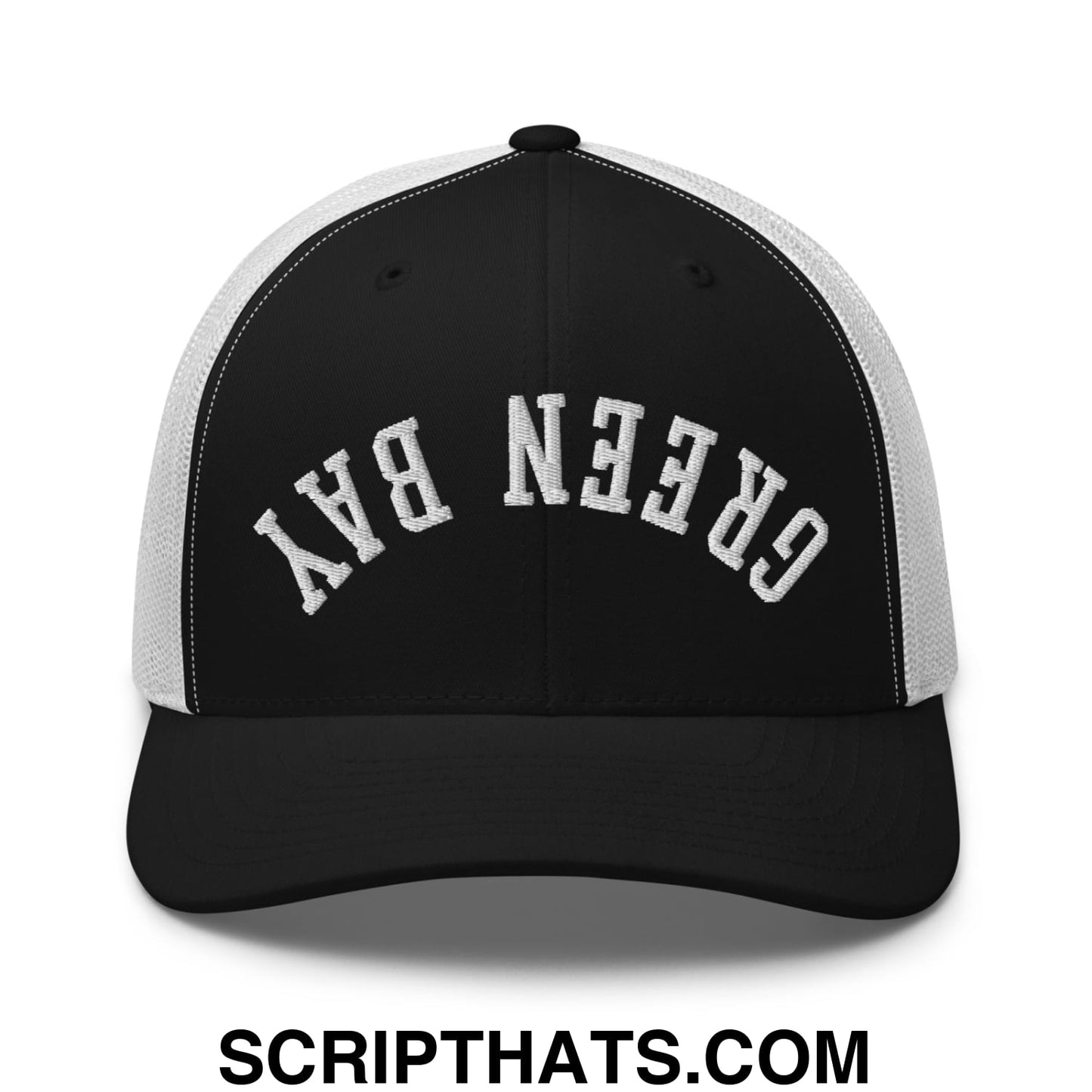 Upside Down Green Bay Embroidered Mesh Trucker Hat Black White