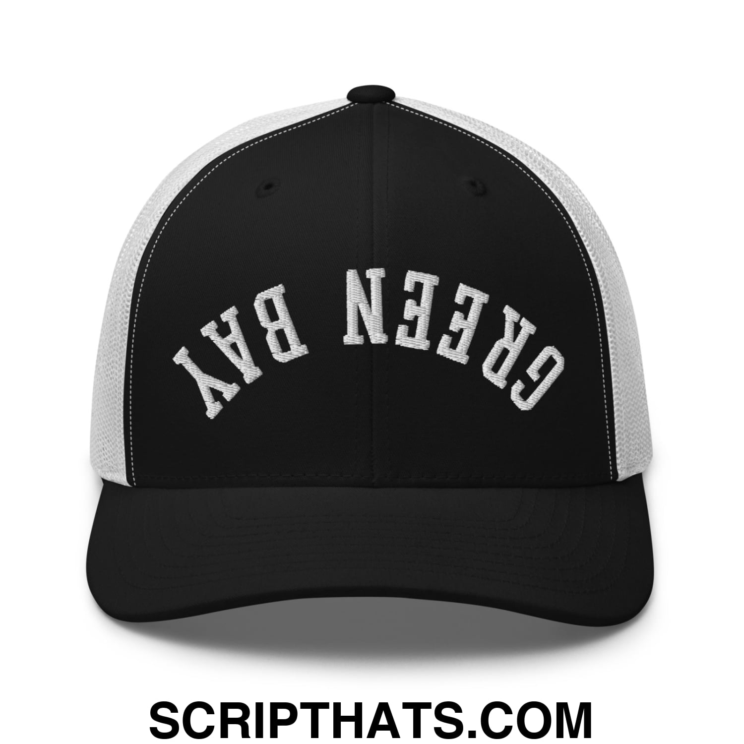 Upside Down Green Bay Embroidered Mesh Trucker Hat Black White