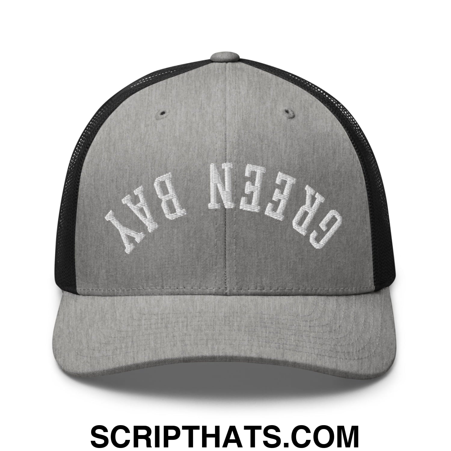 Upside Down Green Bay Embroidered Mesh Trucker Hat Heather Black