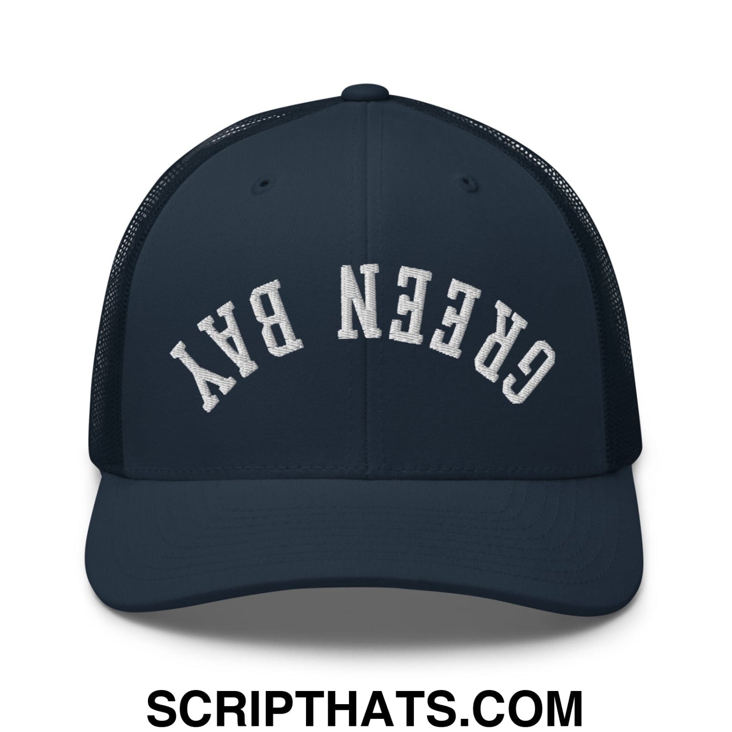 Upside Down Green Bay Embroidered Mesh Trucker Hat Navy