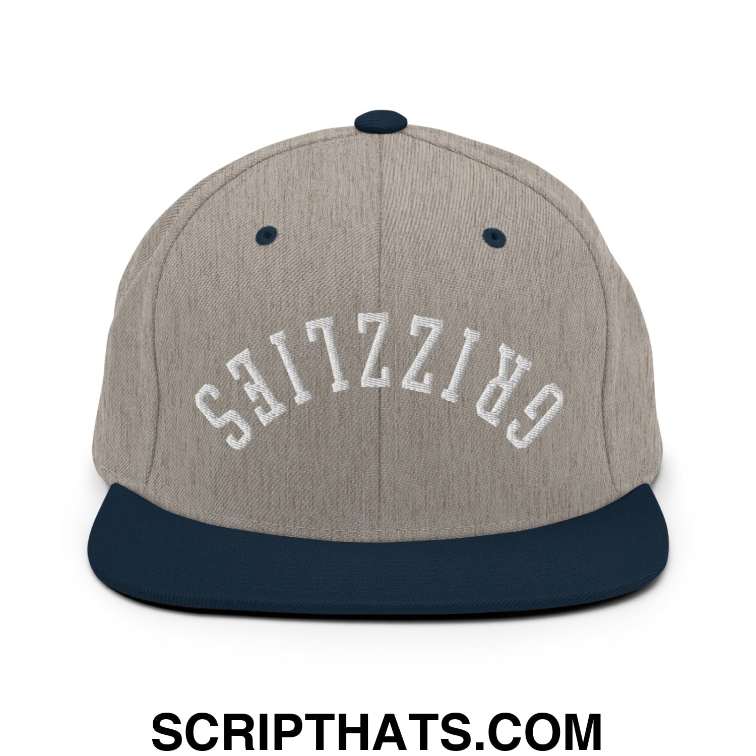 Upside Down Grizzlies Embroidered Flat Bill Brim Snapback Hat Heather Grey Navy