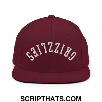 Upside Down Grizzlies Embroidered Flat Bill Brim Snapback Hat Maroon