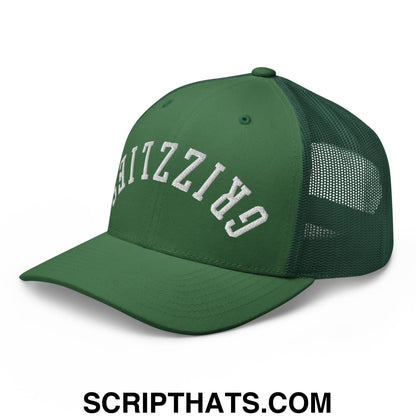Green mesh trucker hat with white embroidered grizzlies text in an arch on the front panel