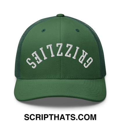 Green mesh trucker hat with white embroidered grizzlies lettering and upside down design on front panel