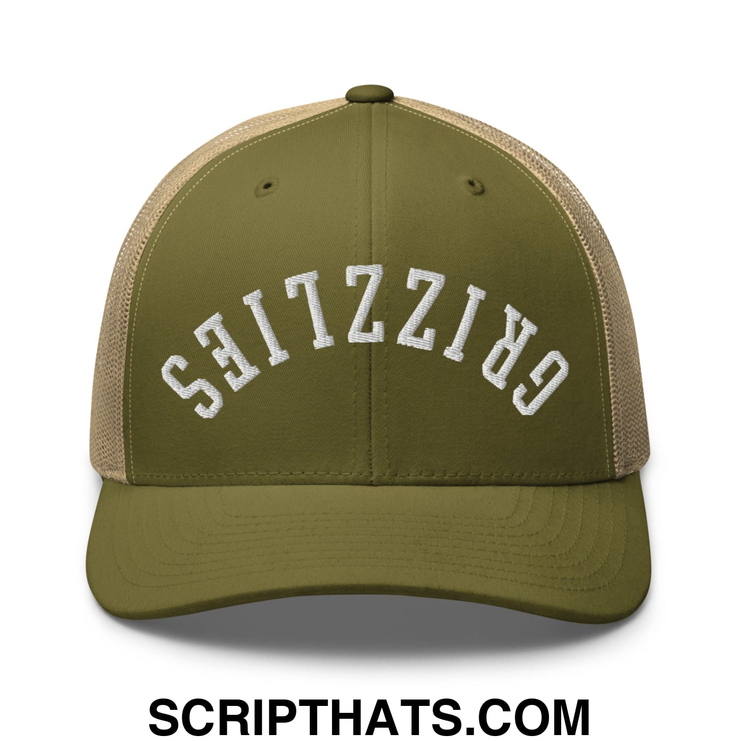 Olive green and tan mesh trucker hat with white embroidered grizzlies lettering featuring upside down design
