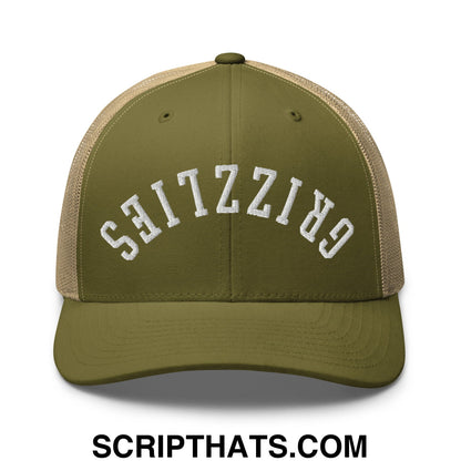 Olive green and tan mesh trucker hat with white embroidered grizzlies lettering featuring upside down design
