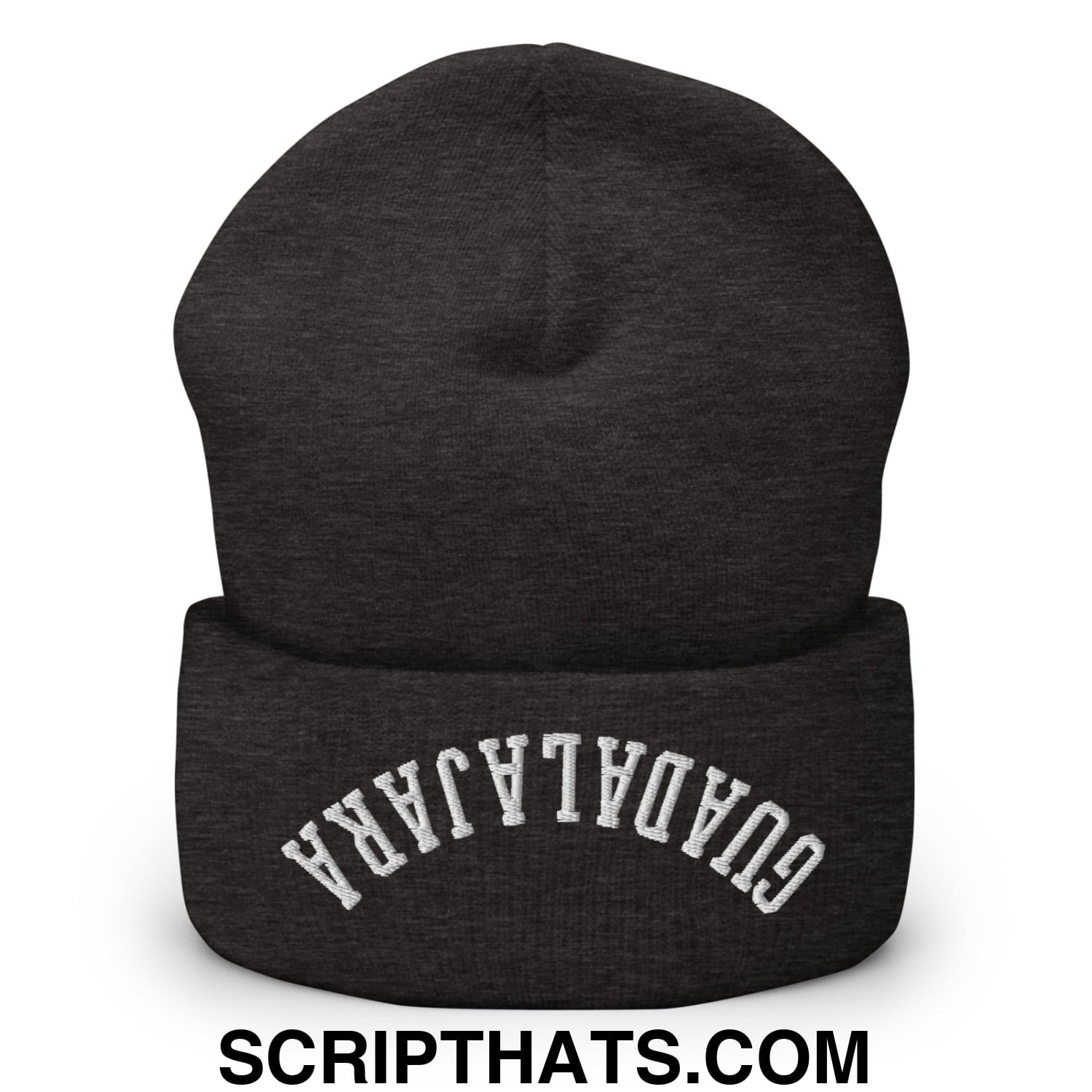 Upside Down Guadalajara Embroidered Cuffed Knit Beanie Dark Grey