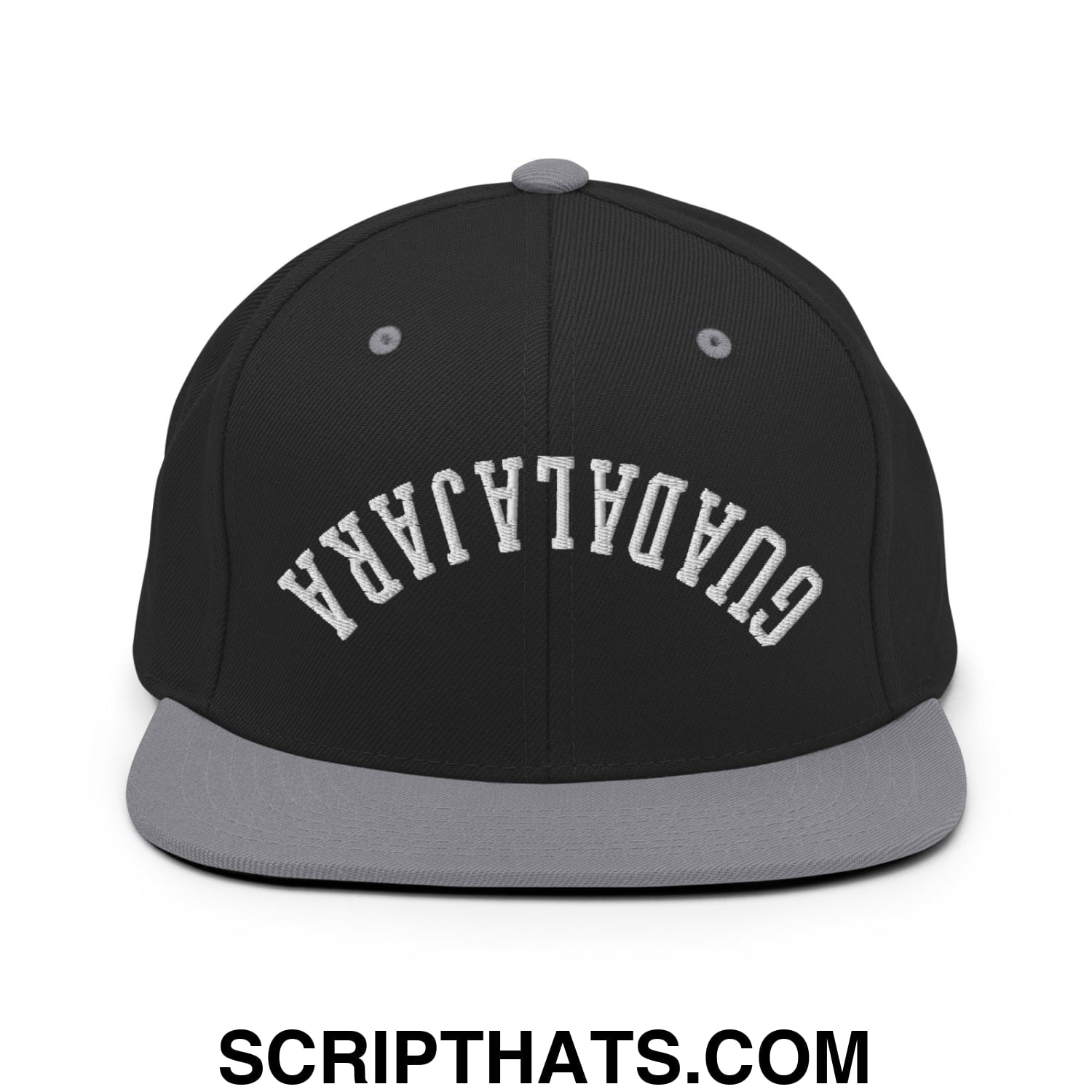 Upside Down Guadalajara Embroidered Flat Bill Brim Snapback Hat Black Silver
