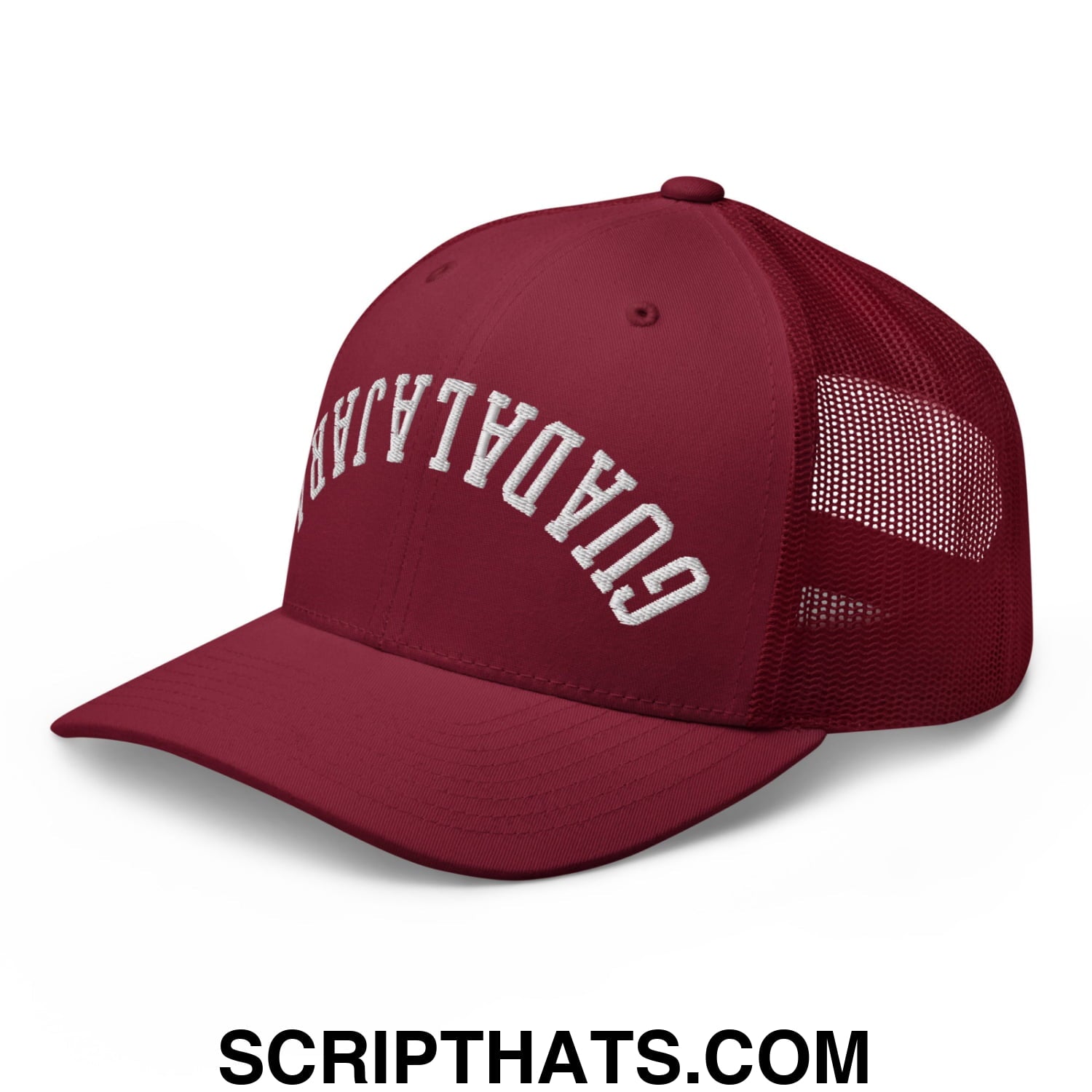 Upside Down Guadalajara Embroidered Mesh Trucker Hat Cranberry