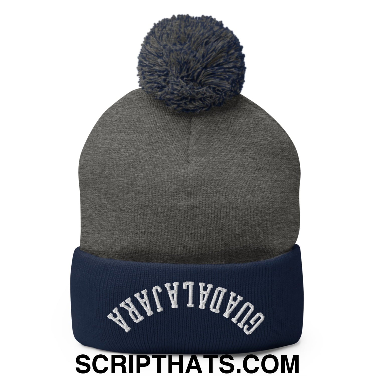 Upside Down Guadalajara Embroidered Pom Pom Knit Beanie Dark Heather Grey Navy