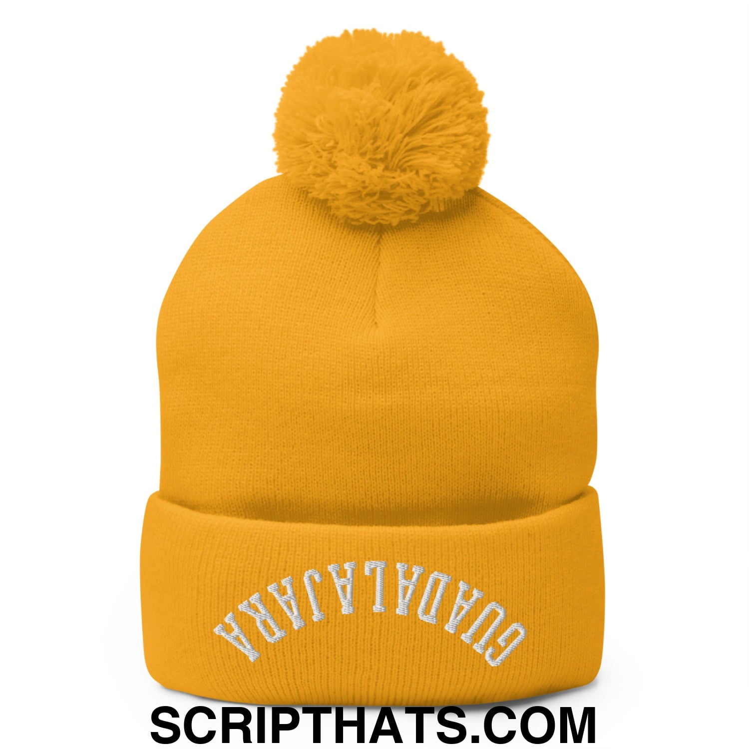 Upside Down Guadalajara Embroidered Pom Pom Knit Beanie Gold