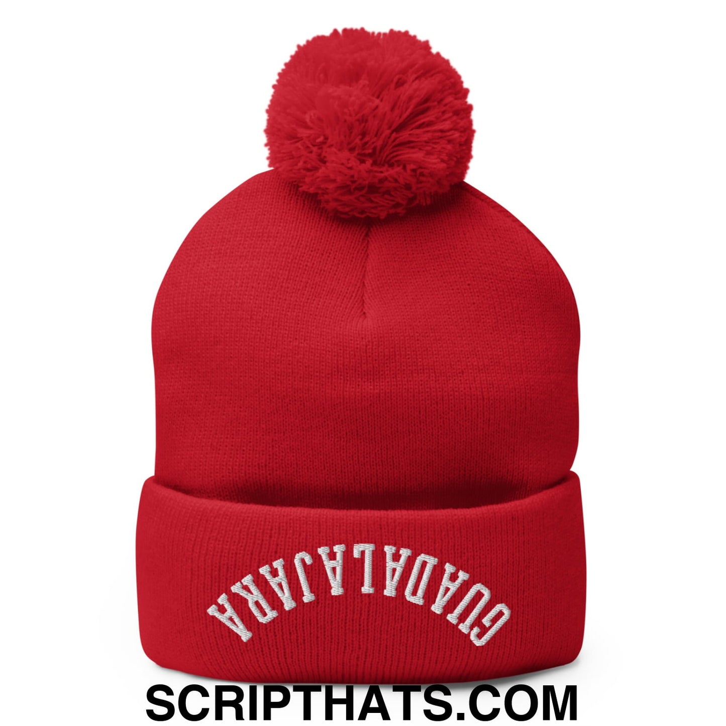 Upside Down Guadalajara Embroidered Pom Pom Knit Beanie Red