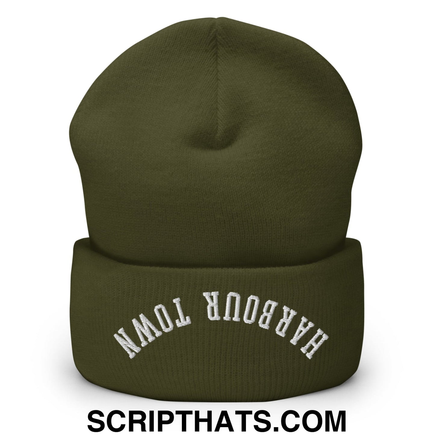 Upside Down Harbour Town Embroidered Cuffed Knit Beanie Olive