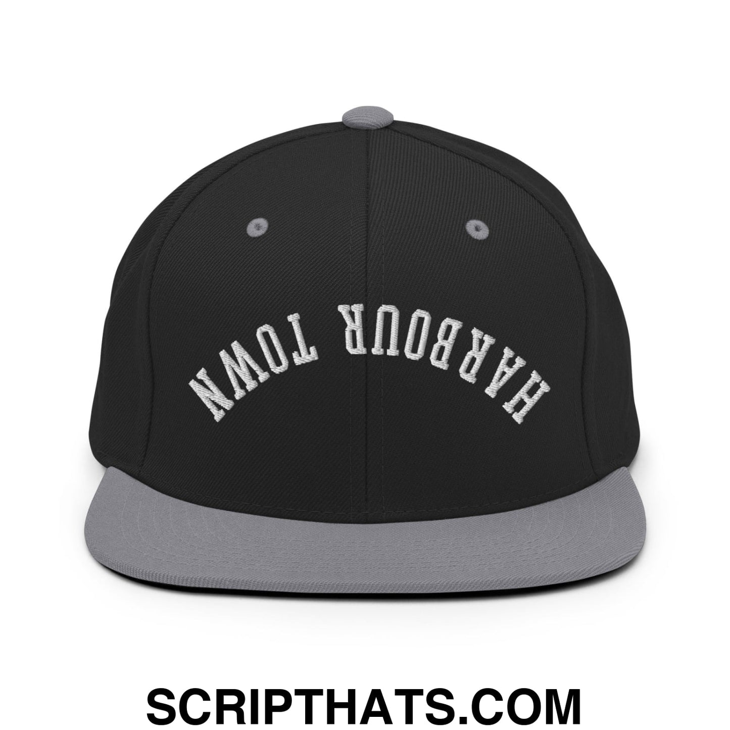 Upside Down Harbour Town Embroidered Flat Bill Brim Snapback Hat Black Silver
