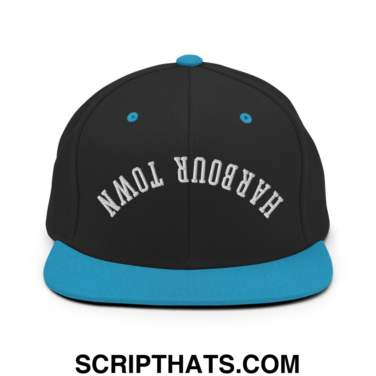 Upside Down Harbour Town Embroidered Flat Bill Brim Snapback Hat Black Teal
